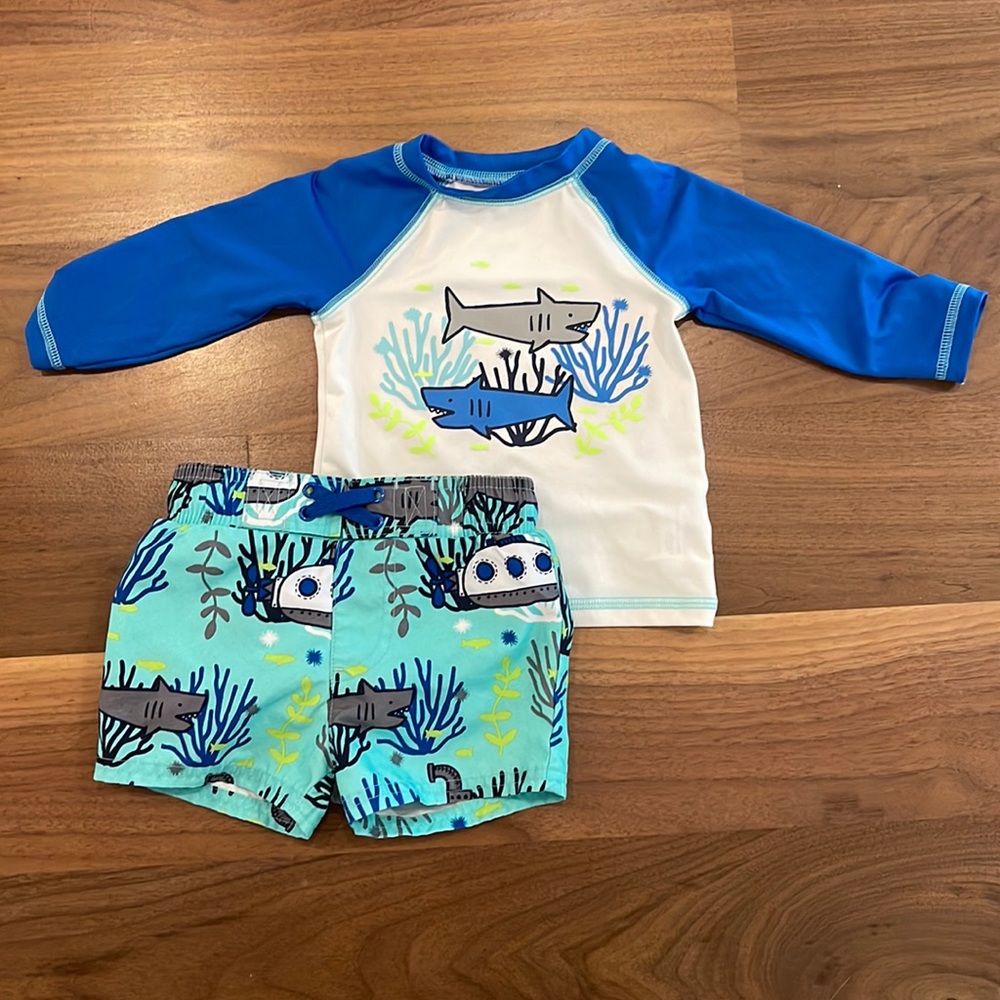 Cat and Jack swim suit set sharks 9 months